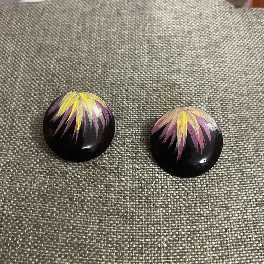 Black Pierced Earrings with Pink and Yellow Design